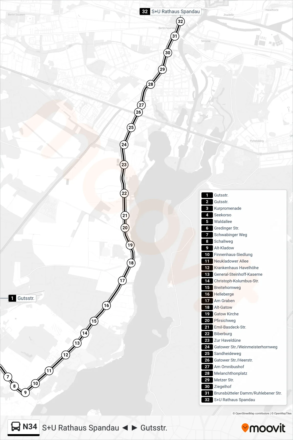 N34 bus Line (S+U Rathaus Spandau) route and stops on a map