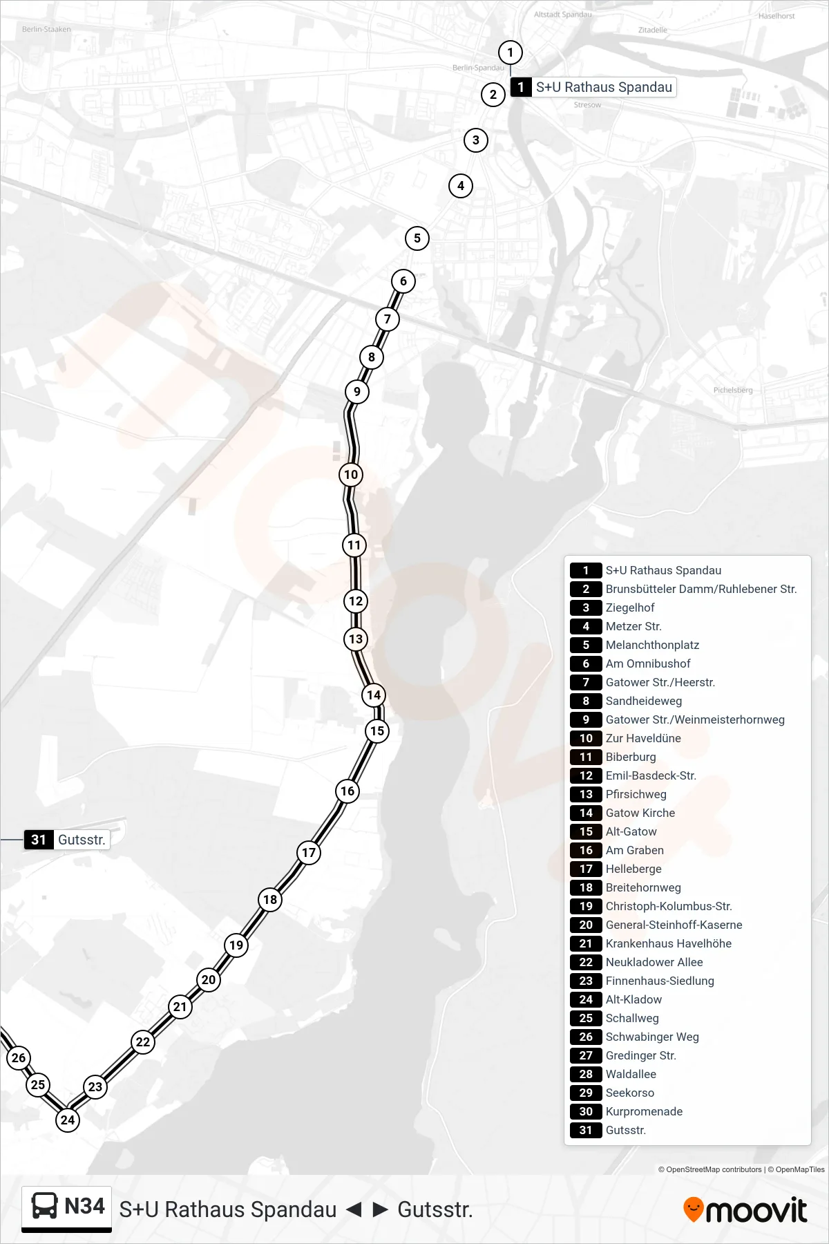 N34 bus Line (Gutsstr.) route and stops on a map