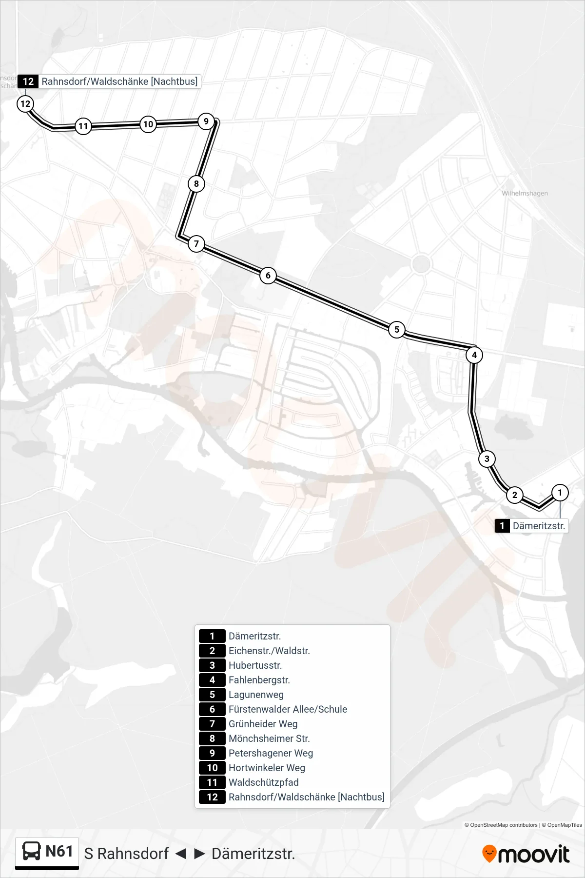Linie N61 (Bus) Richtung Rahnsdorf/Waldschänke [Nachtbus]: Route und Haltestellen auf der Karte
