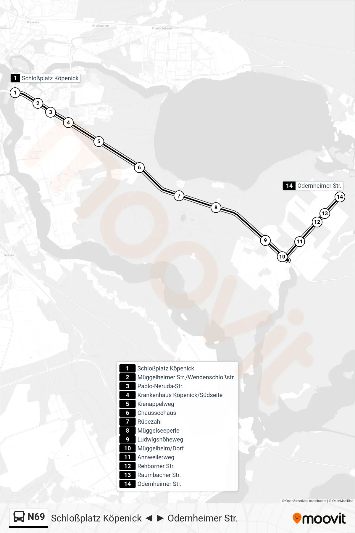 N69 bus Line (Odernheimer Str.) route and stops on a map