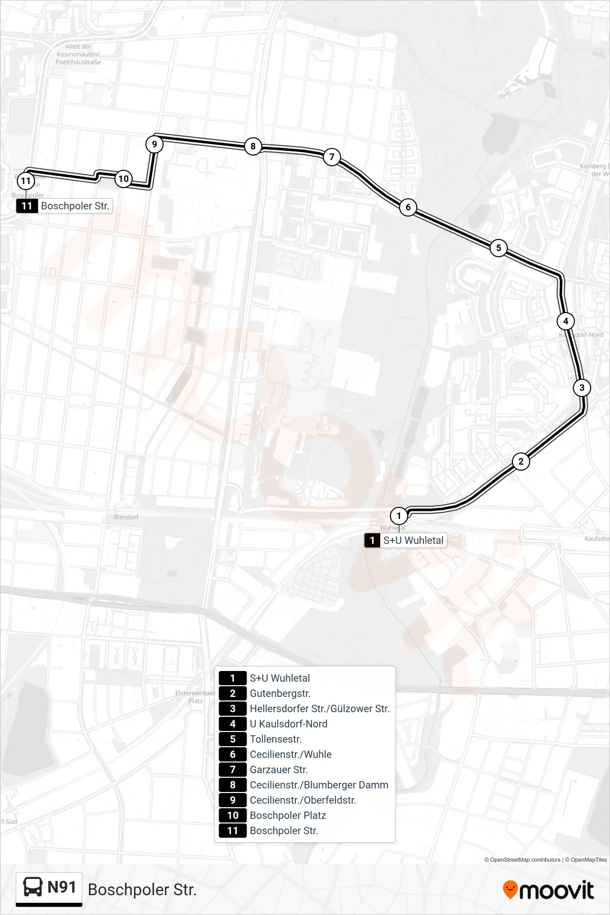 Linie N91 (Bus) Richtung Boschpoler Str.: Route und Haltestellen auf der Karte