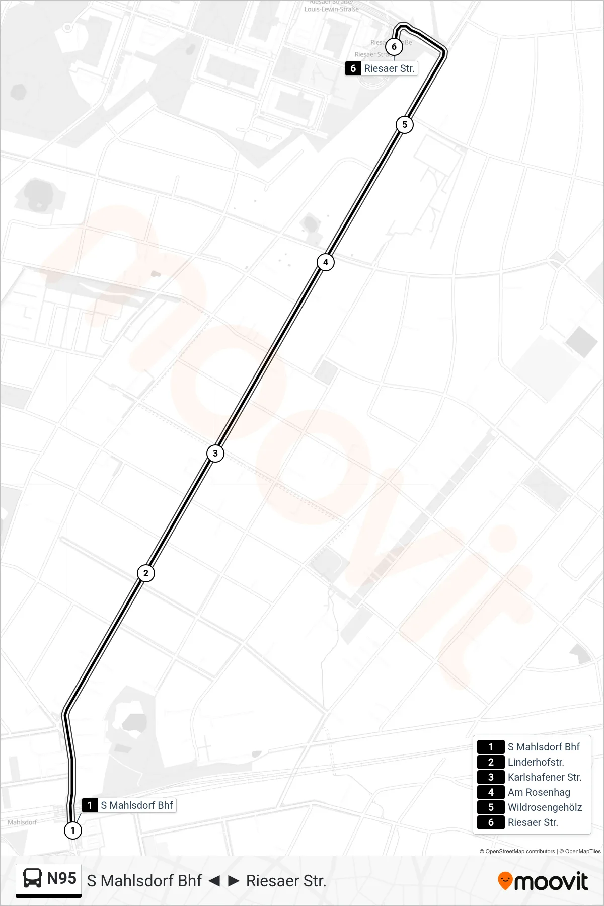 Linie N95 (Bus) Richtung Riesaer Str.: Route und Haltestellen auf der Karte
