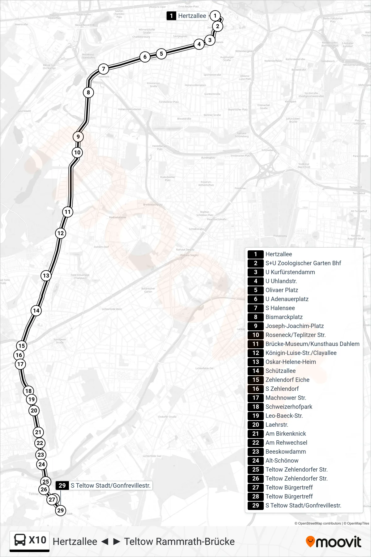 X10 bus Line (S Teltow Stadt/Gonfrevillestr.) route and stops on a map