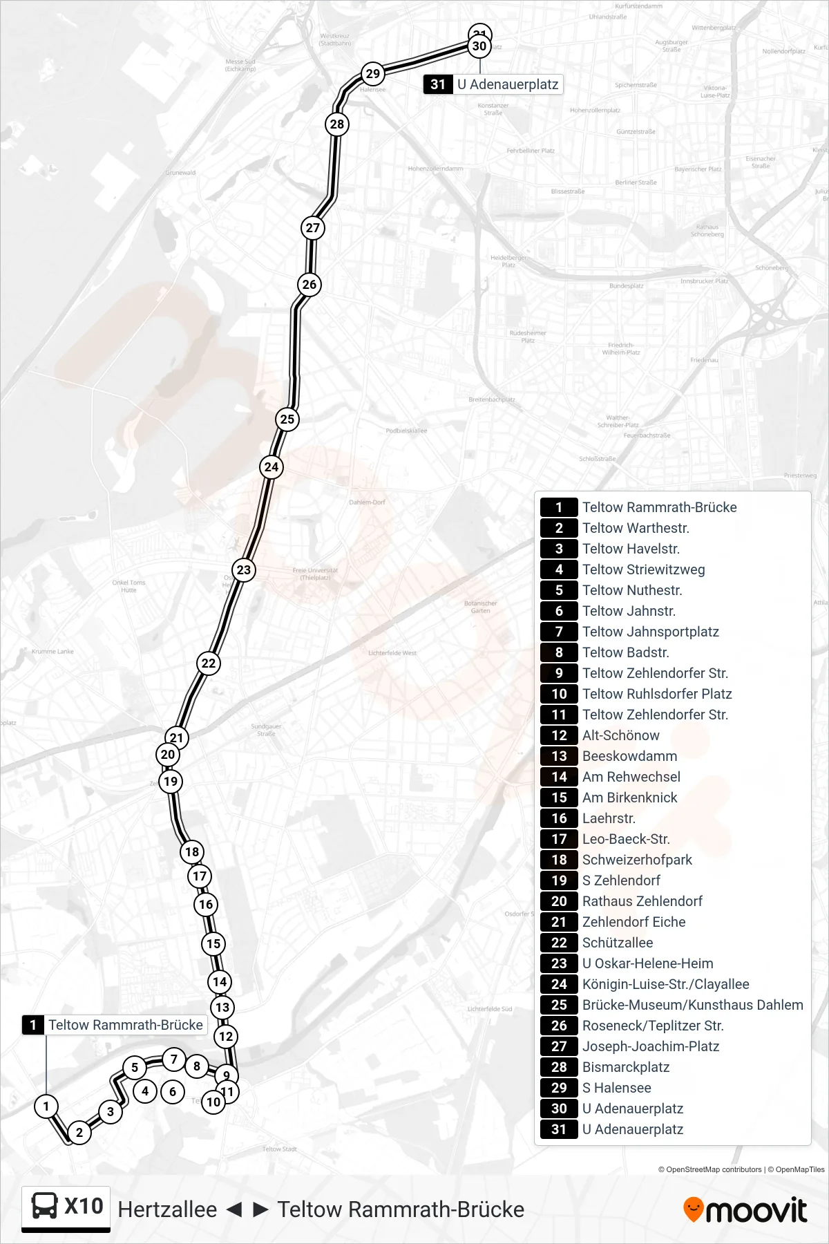X10 bus Line (U Adenauerplatz) route and stops on a map