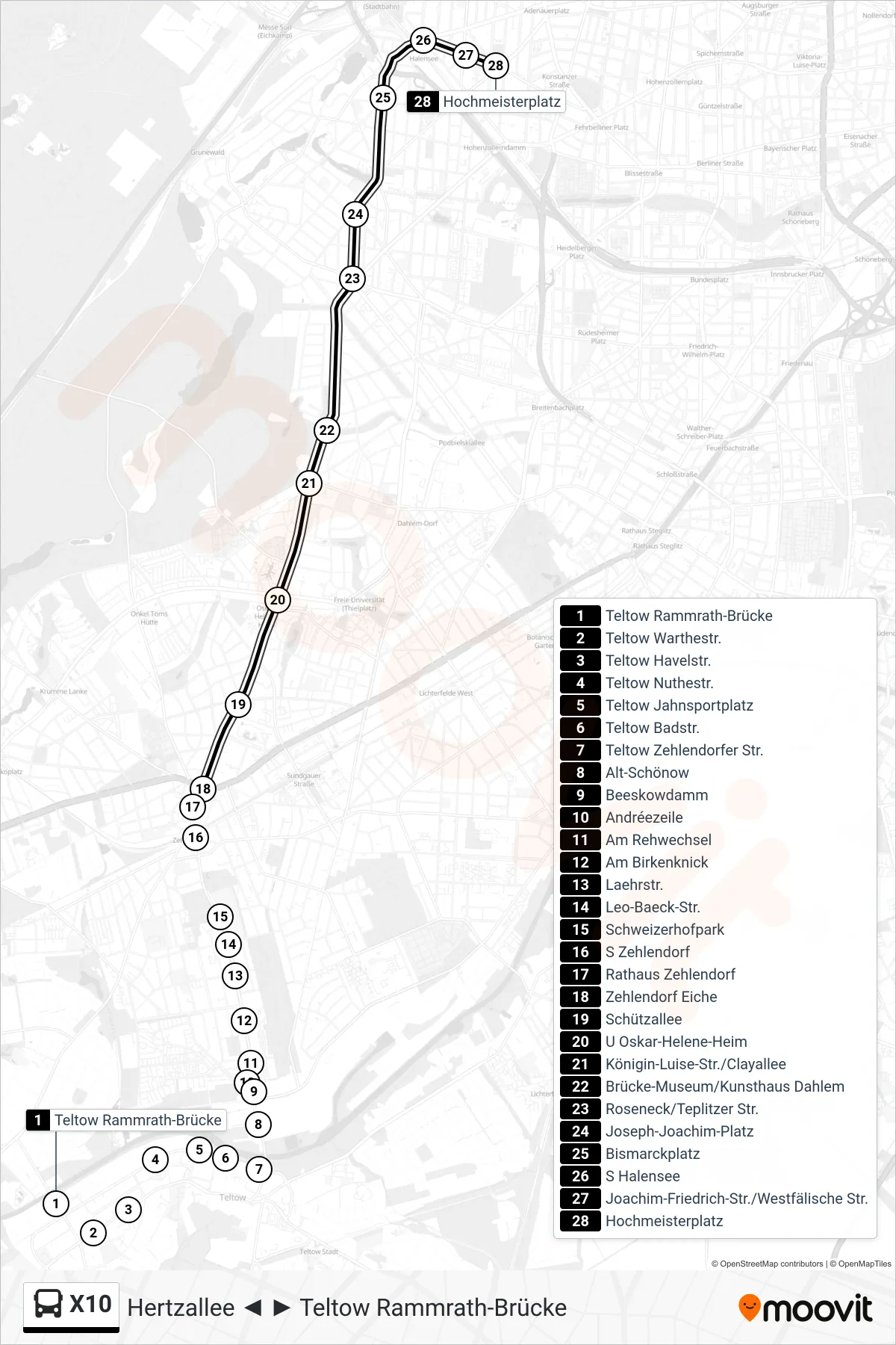 X10 bus Line (Hochmeisterplatz) route and stops on a map