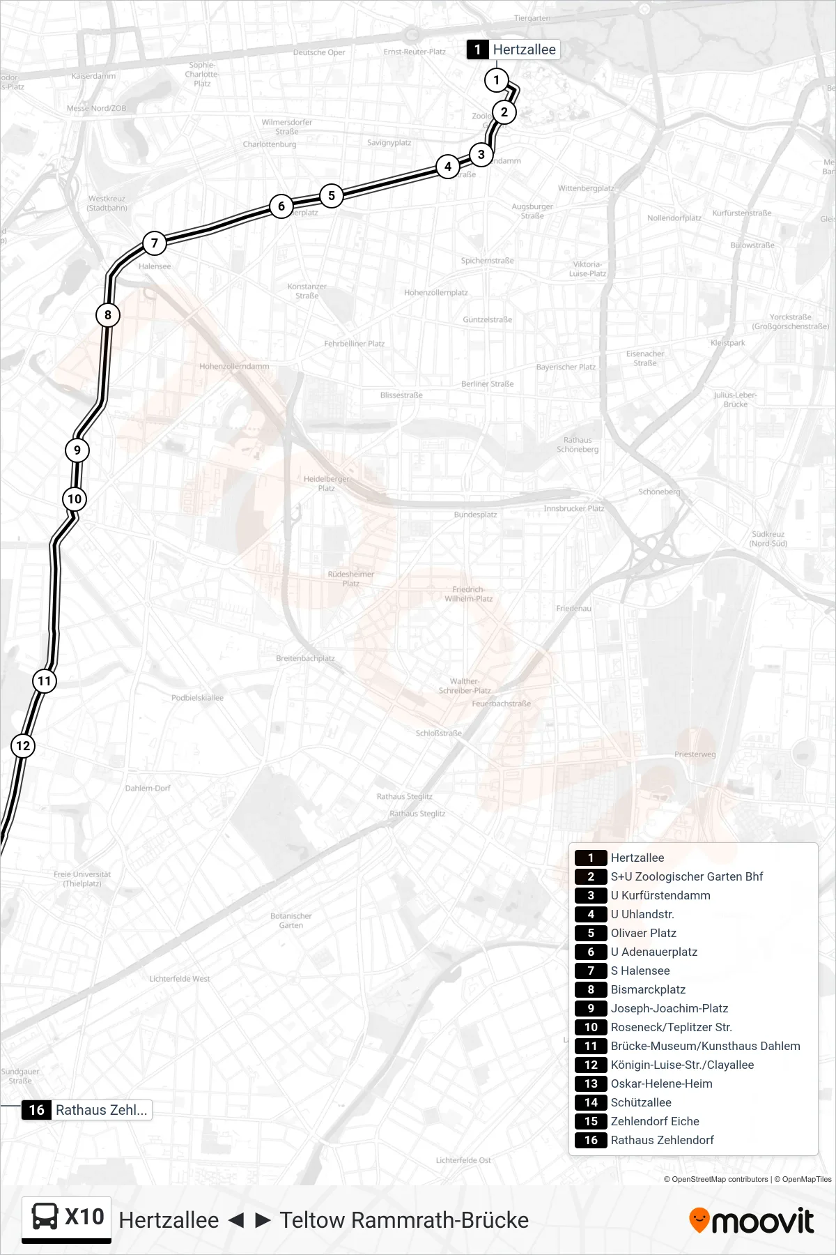 X10 bus Line (Rathaus Zehlendorf) route and stops on a map