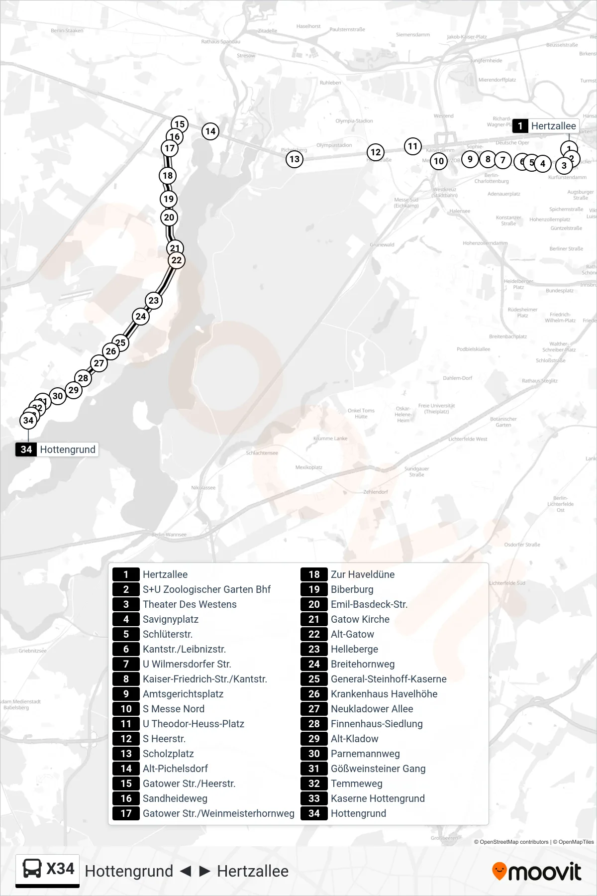 Linie X34 (Bus) Richtung Hottengrund: Route und Haltestellen auf der Karte