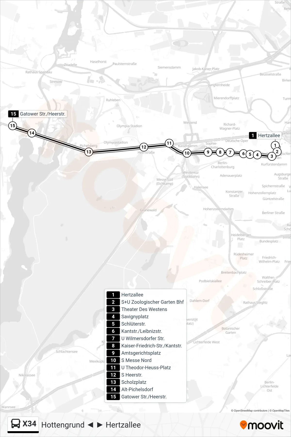 Linie X34 (Bus) Richtung Gatower Str./Heerstr.: Route und Haltestellen auf der Karte