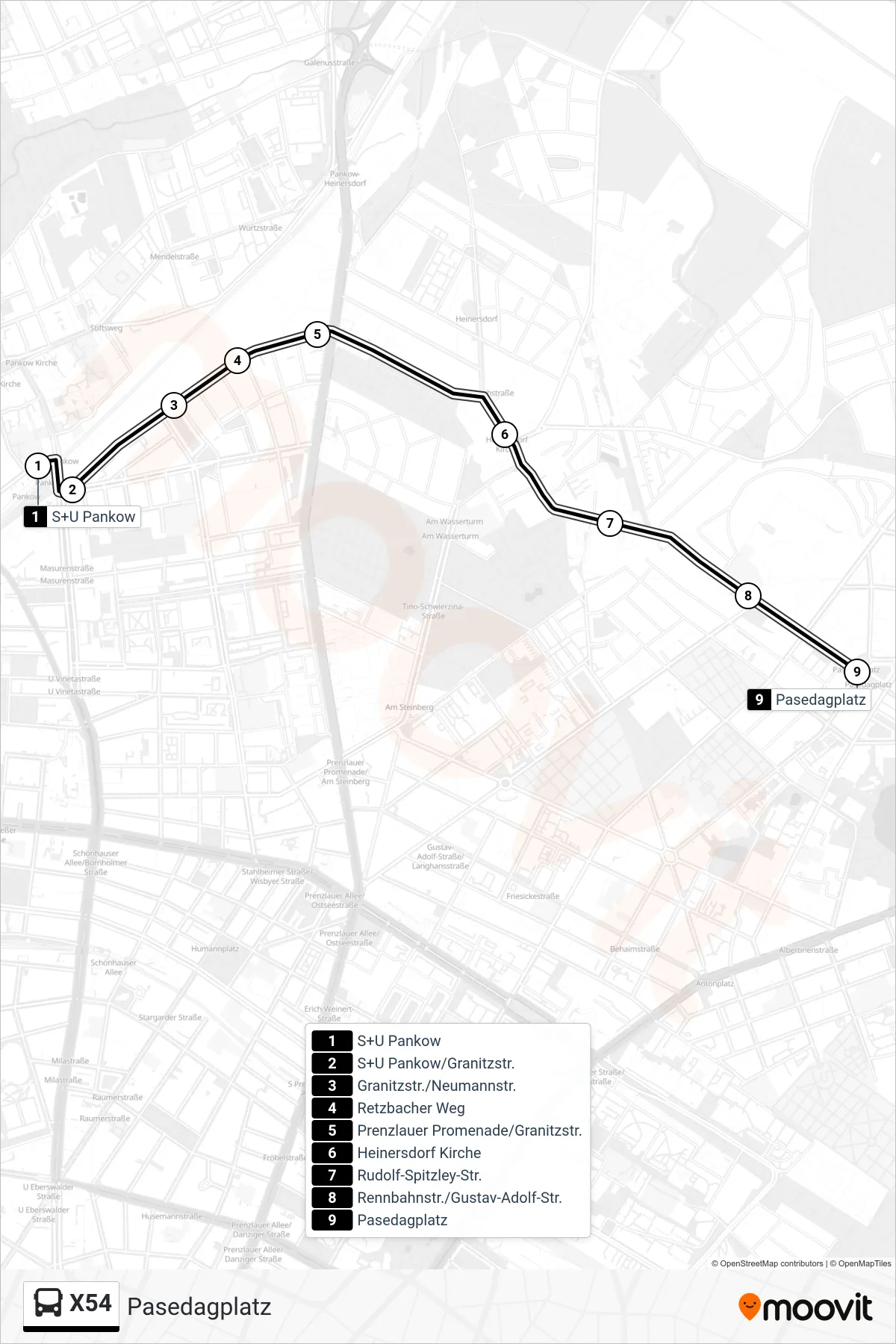 Linie X54 (Bus) Richtung Pasedagplatz: Route und Haltestellen auf der Karte