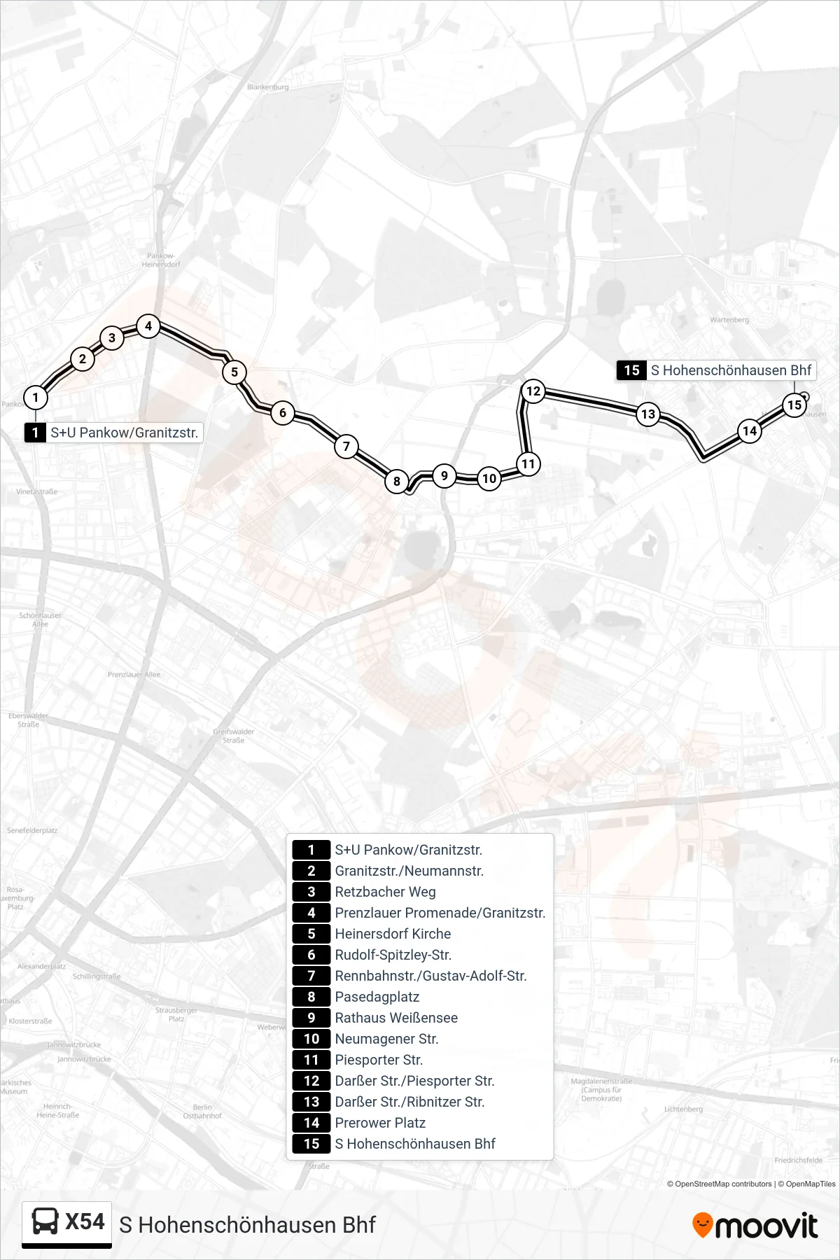 Linie X54 (Bus) Richtung S Hohenschönhausen Bhf: Route und Haltestellen auf der Karte