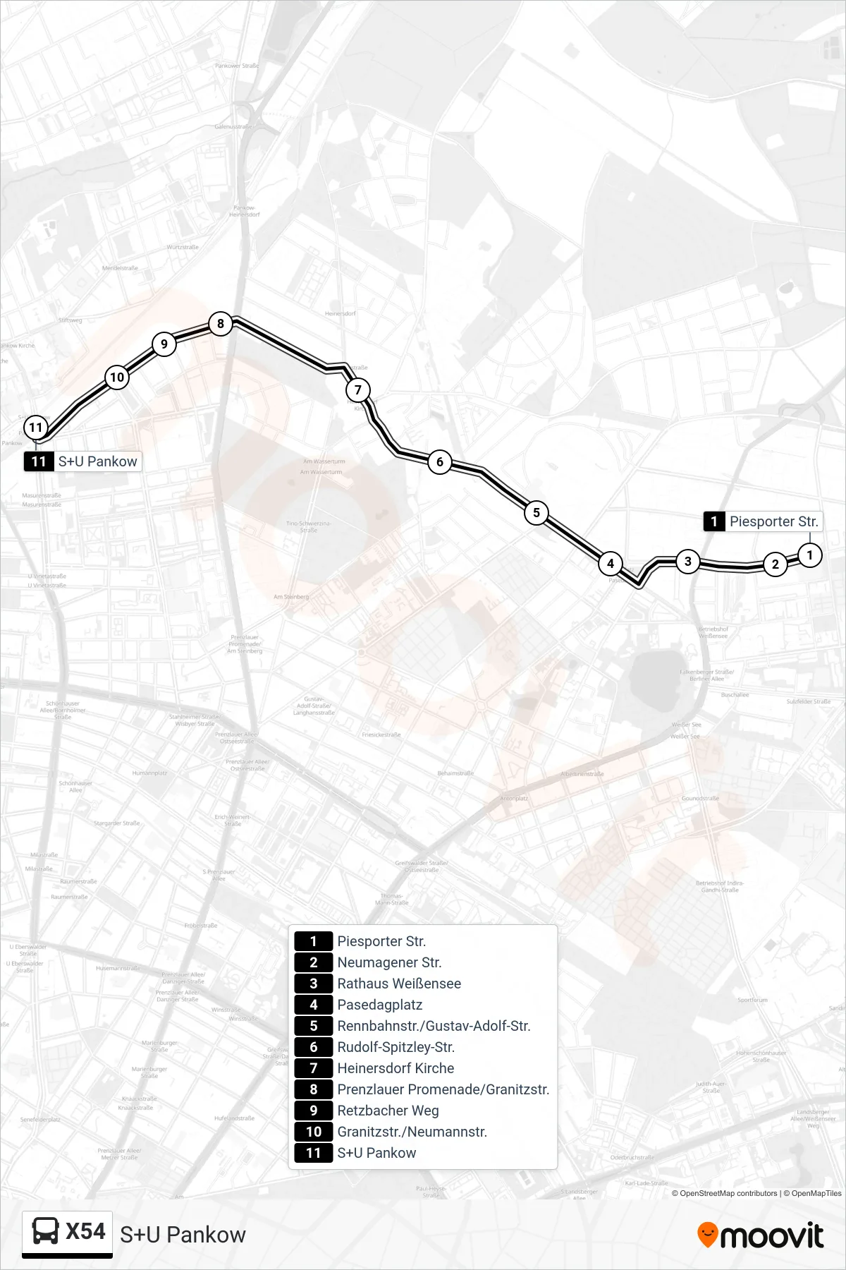 Linie X54 (Bus) Richtung S+U Pankow: Route und Haltestellen auf der Karte