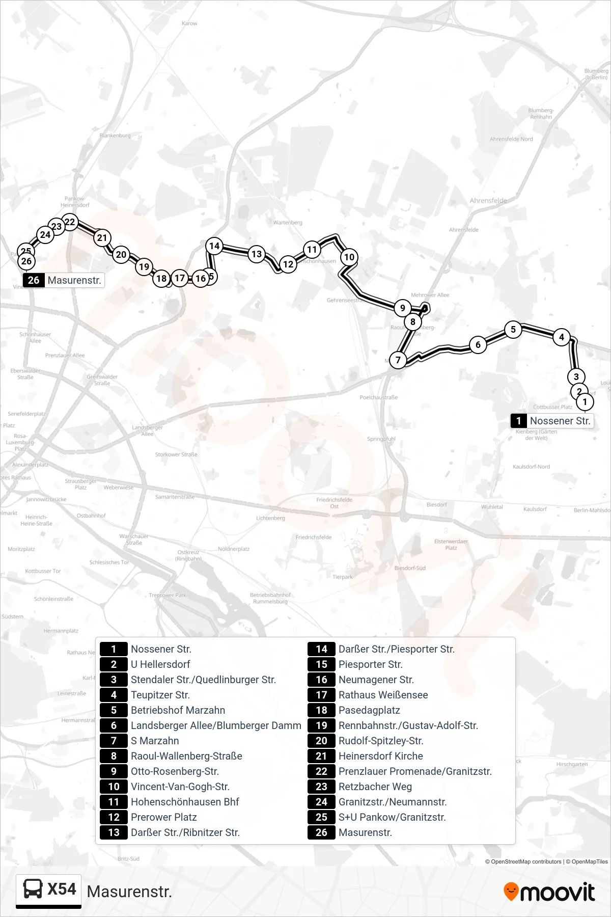 X54 bus Line (Masurenstr.) route and stops on a map