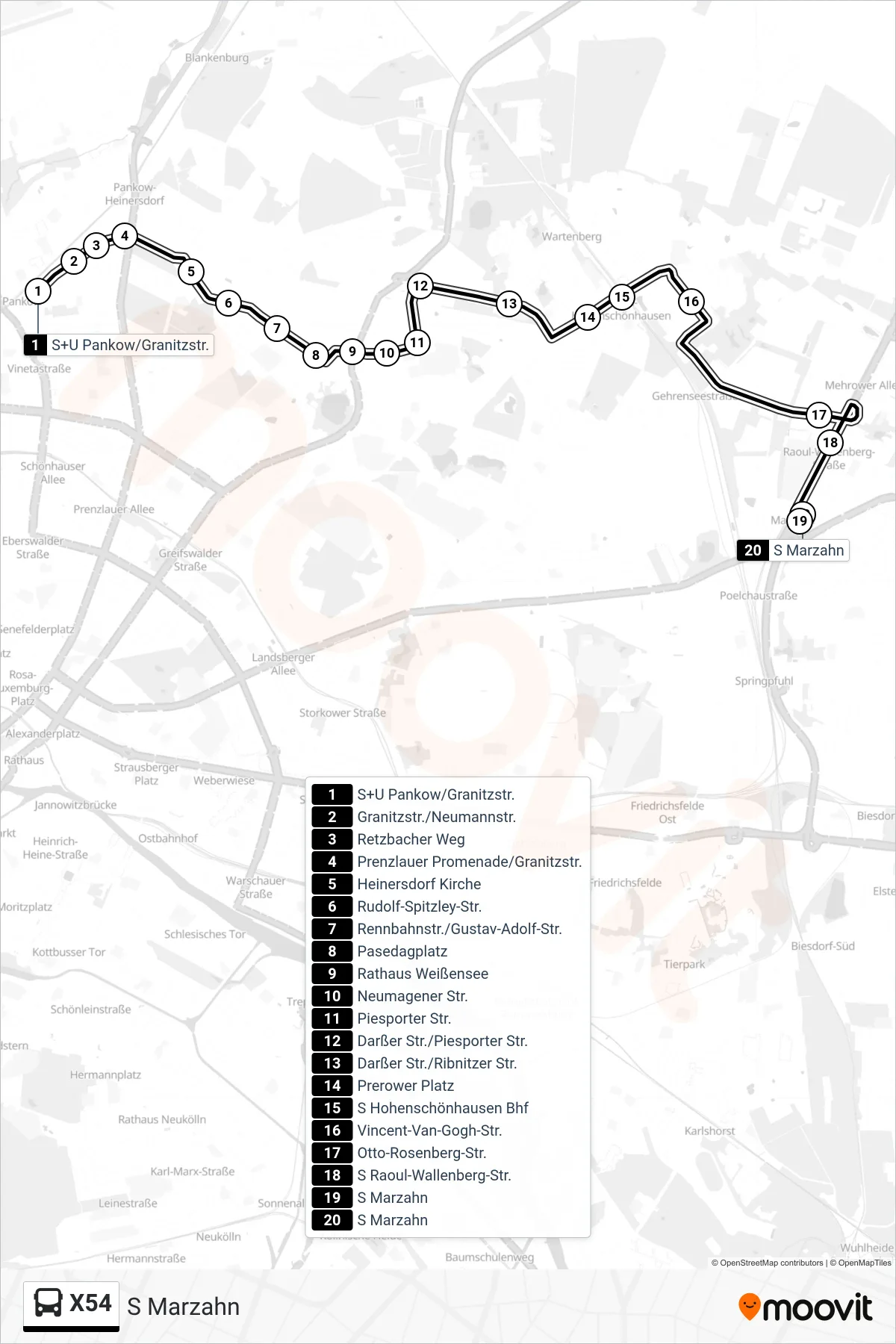 Linie X54 (Bus) Richtung S Marzahn: Route und Haltestellen auf der Karte