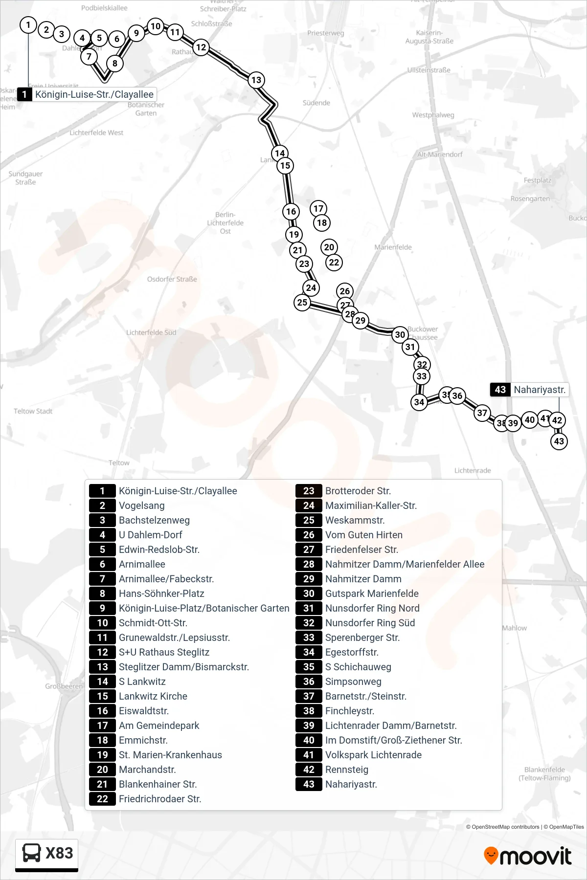 X83 bus Line (Lichtenrade, Nahariyastr.) route and stops on a map