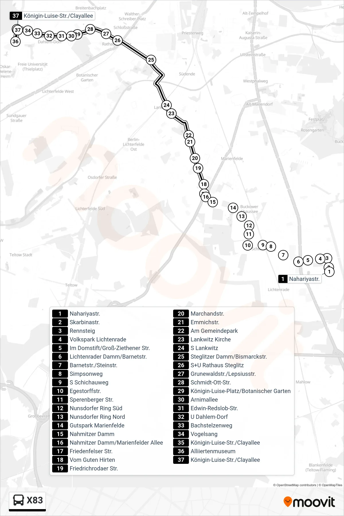 Linie X83 (Bus) Richtung Königin-Luise-Str./Clayallee: Route und Haltestellen auf der Karte