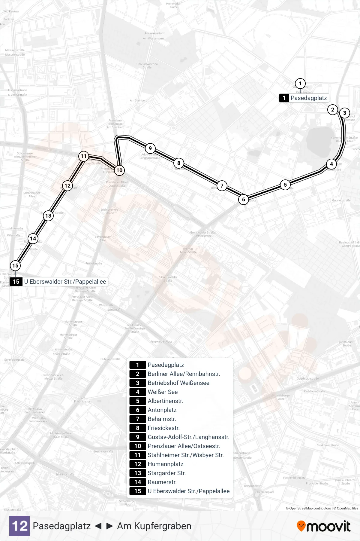 Linie 12 (Straßenbahn) Richtung U Eberswalder Str./Pappelallee: Route und Haltestellen auf der Karte