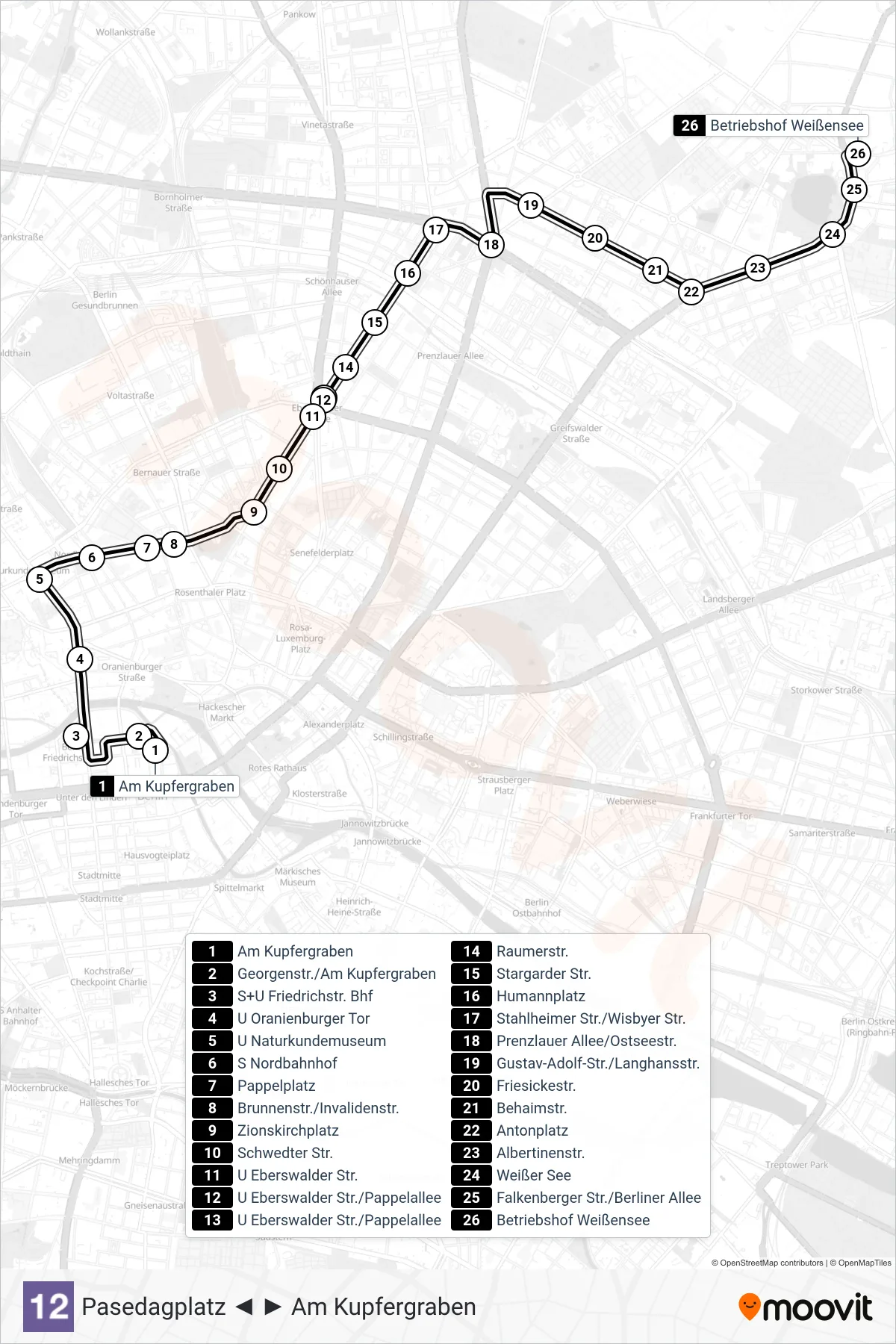 Linie 12 (Straßenbahn) Richtung Betriebshof Weißensee: Route und Haltestellen auf der Karte