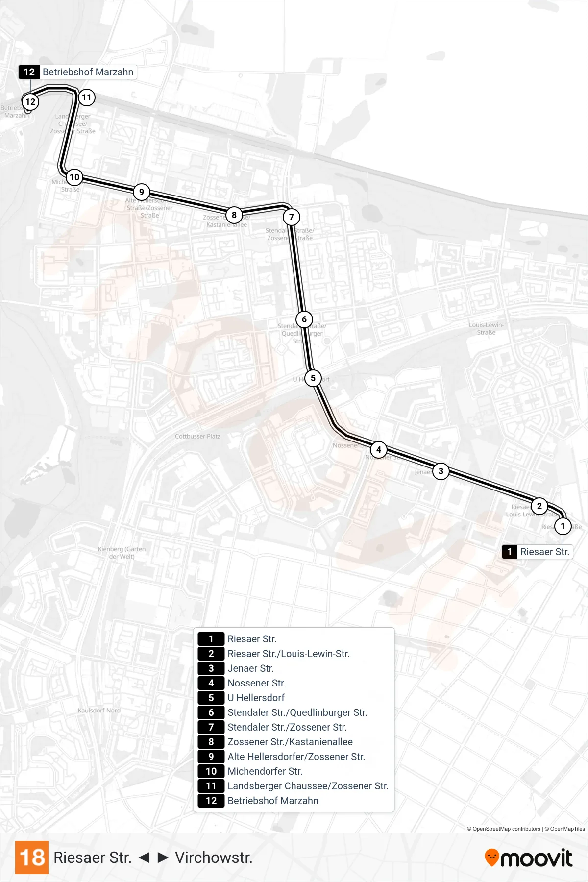 Linie 18 (Straßenbahn) Richtung Betriebshof Marzahn: Route und Haltestellen auf der Karte