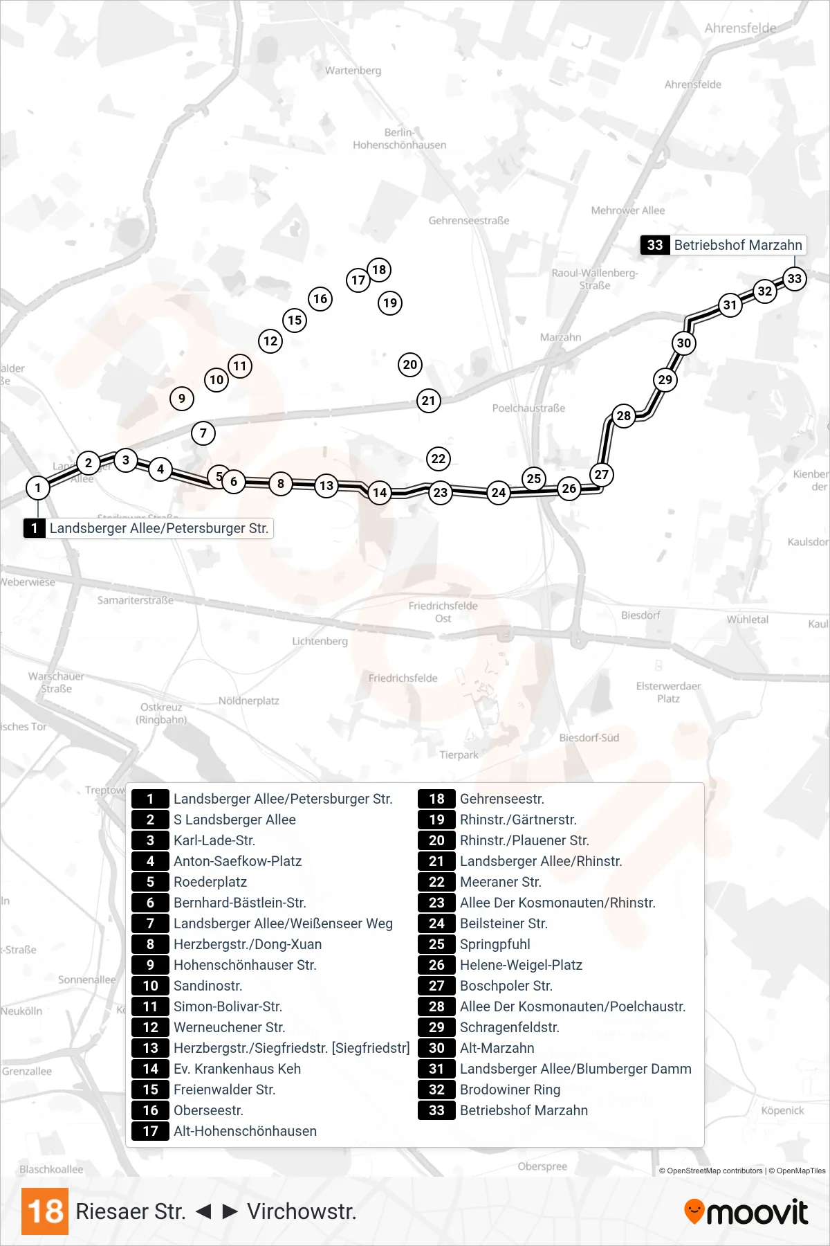 Linie 18 (Straßenbahn) Richtung Betriebshof Marzahn: Route und Haltestellen auf der Karte