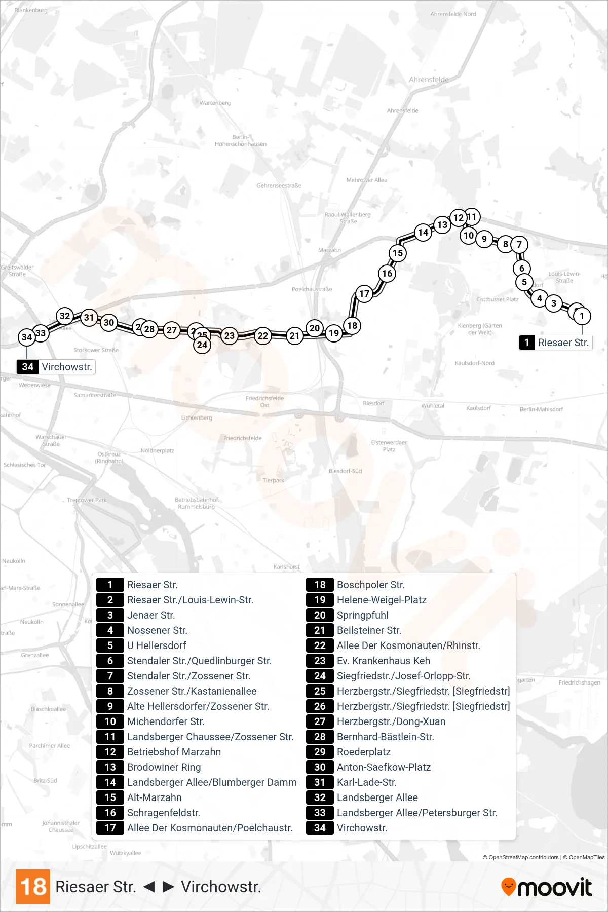 Linie 18 (Straßenbahn) Richtung Virchowstr.: Route und Haltestellen auf der Karte