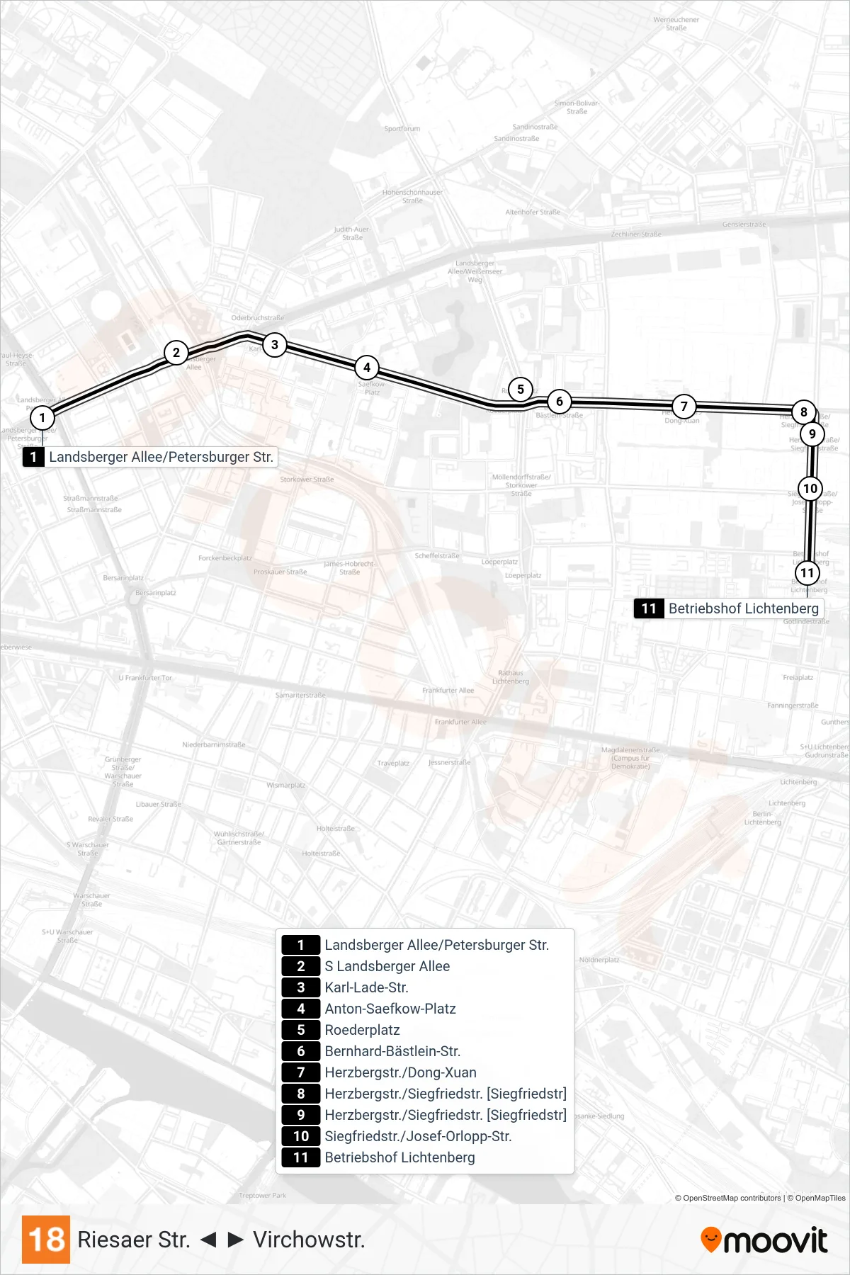 Linie 18 (Straßenbahn) Richtung Betriebshof Lichtenberg: Route und Haltestellen auf der Karte