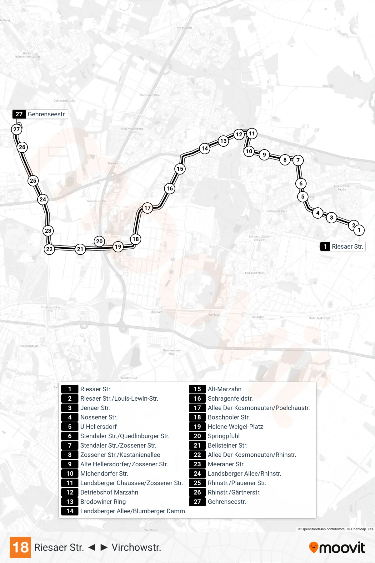 Linie 18 (Straßenbahn) Richtung Gehrenseestr.: Route und Haltestellen auf der Karte