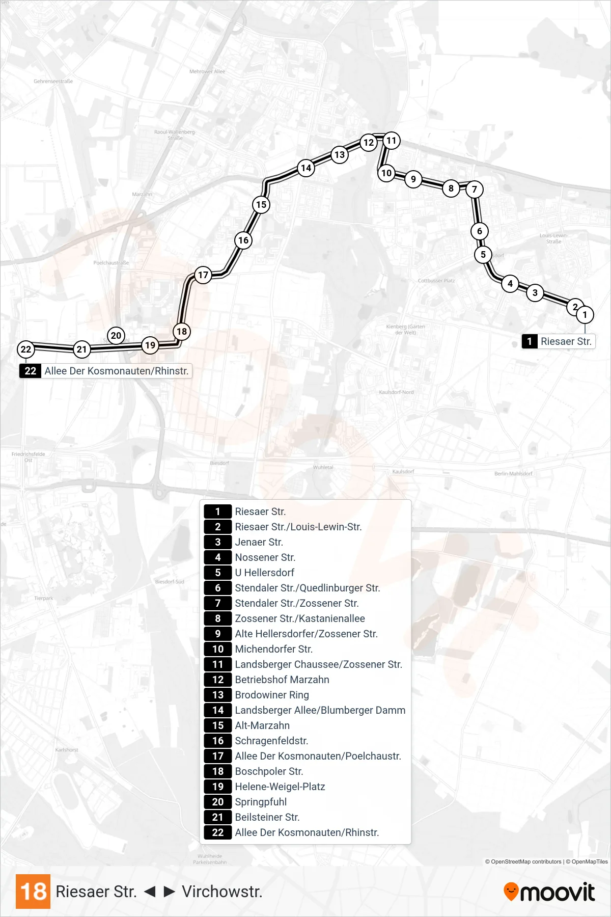 Linie 18 (Straßenbahn) Richtung Allee Der Kosmonauten/Rhinstr.: Route und Haltestellen auf der Karte
