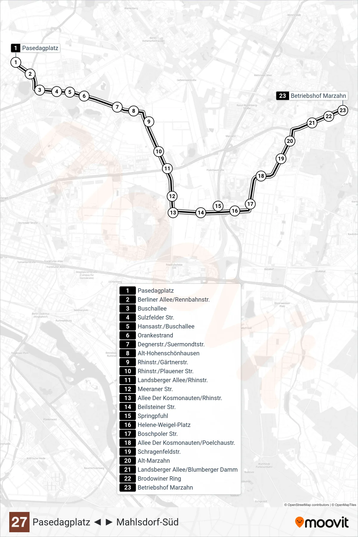 Linie 27 (Straßenbahn) Richtung Betriebshof Marzahn: Route und Haltestellen auf der Karte