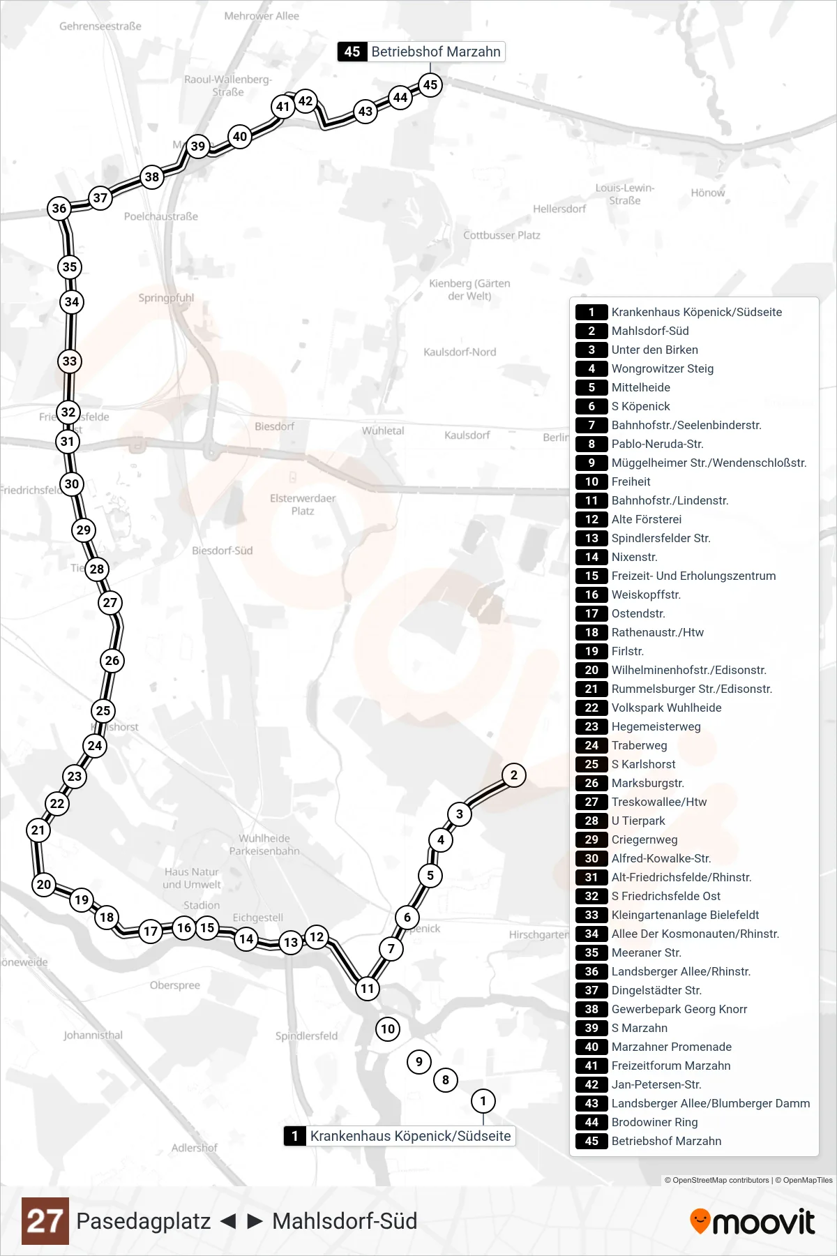 Linie 27 (Straßenbahn) Richtung Betriebshof Marzahn: Route und Haltestellen auf der Karte