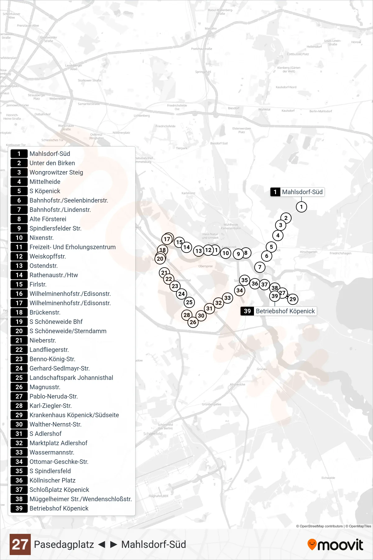 Linie 27 (Straßenbahn) Richtung Betriebshof Köpenick: Route und Haltestellen auf der Karte