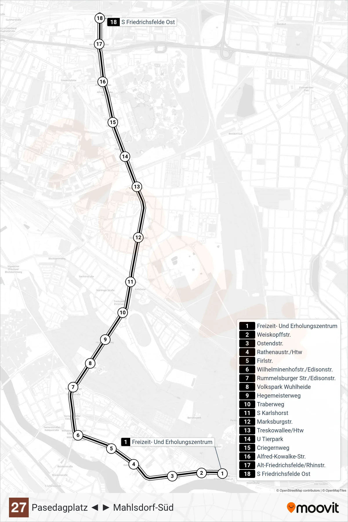 27 tram Line (S Friedrichsfelde Ost) route and stops on a map