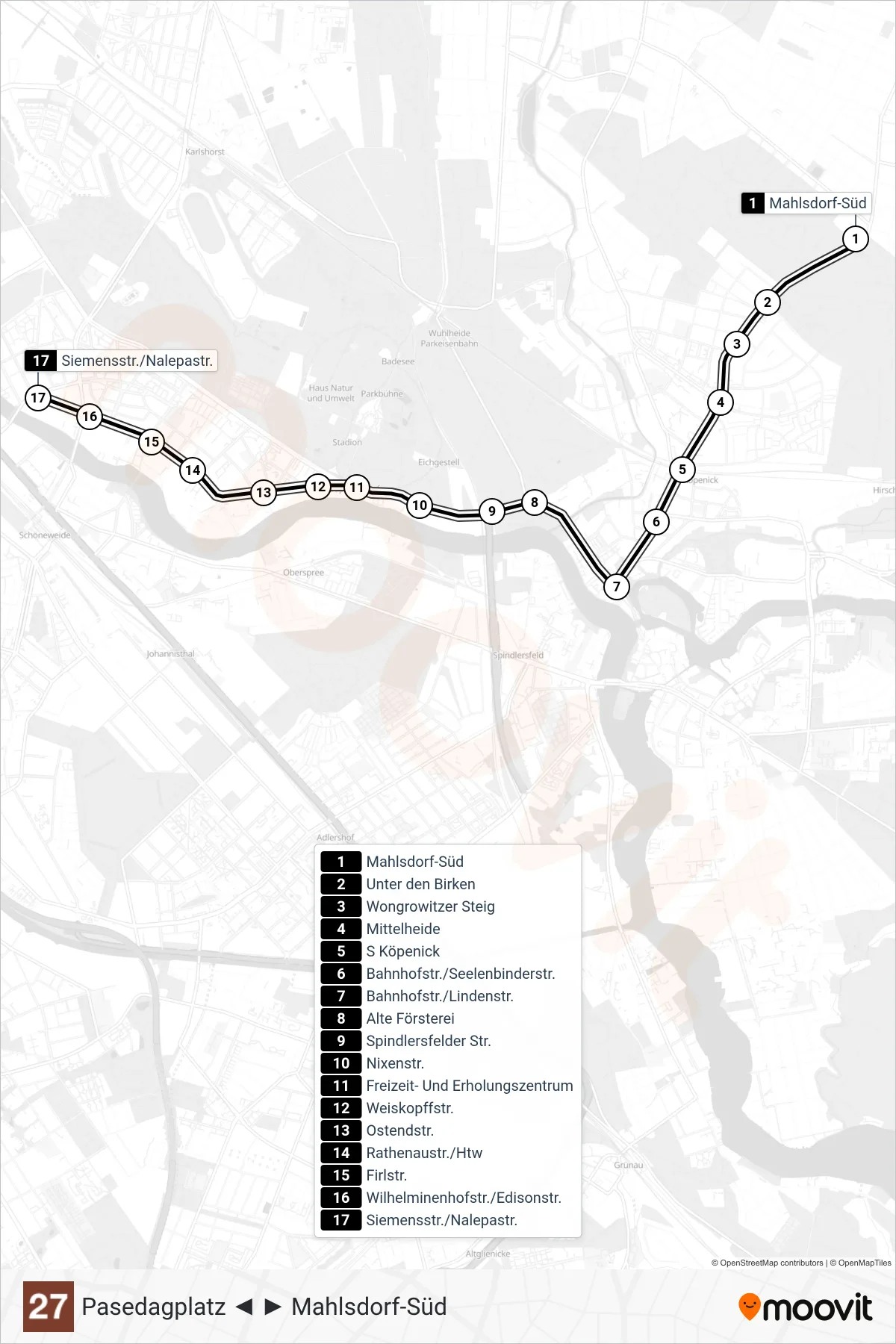 Linie 27 (Straßenbahn) Richtung Siemensstr./Nalepastr.: Route und Haltestellen auf der Karte