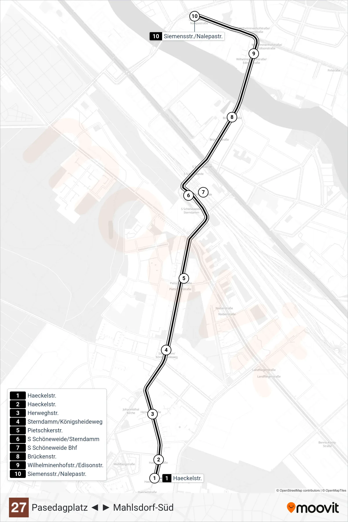 27 light rail Line (Siemensstr./Nalepastr.) route and stops on a map