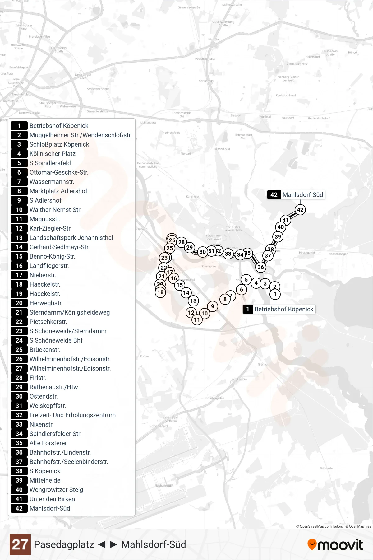 Linie 27 (Straßenbahn) Richtung Mahlsdorf-Süd: Route und Haltestellen auf der Karte