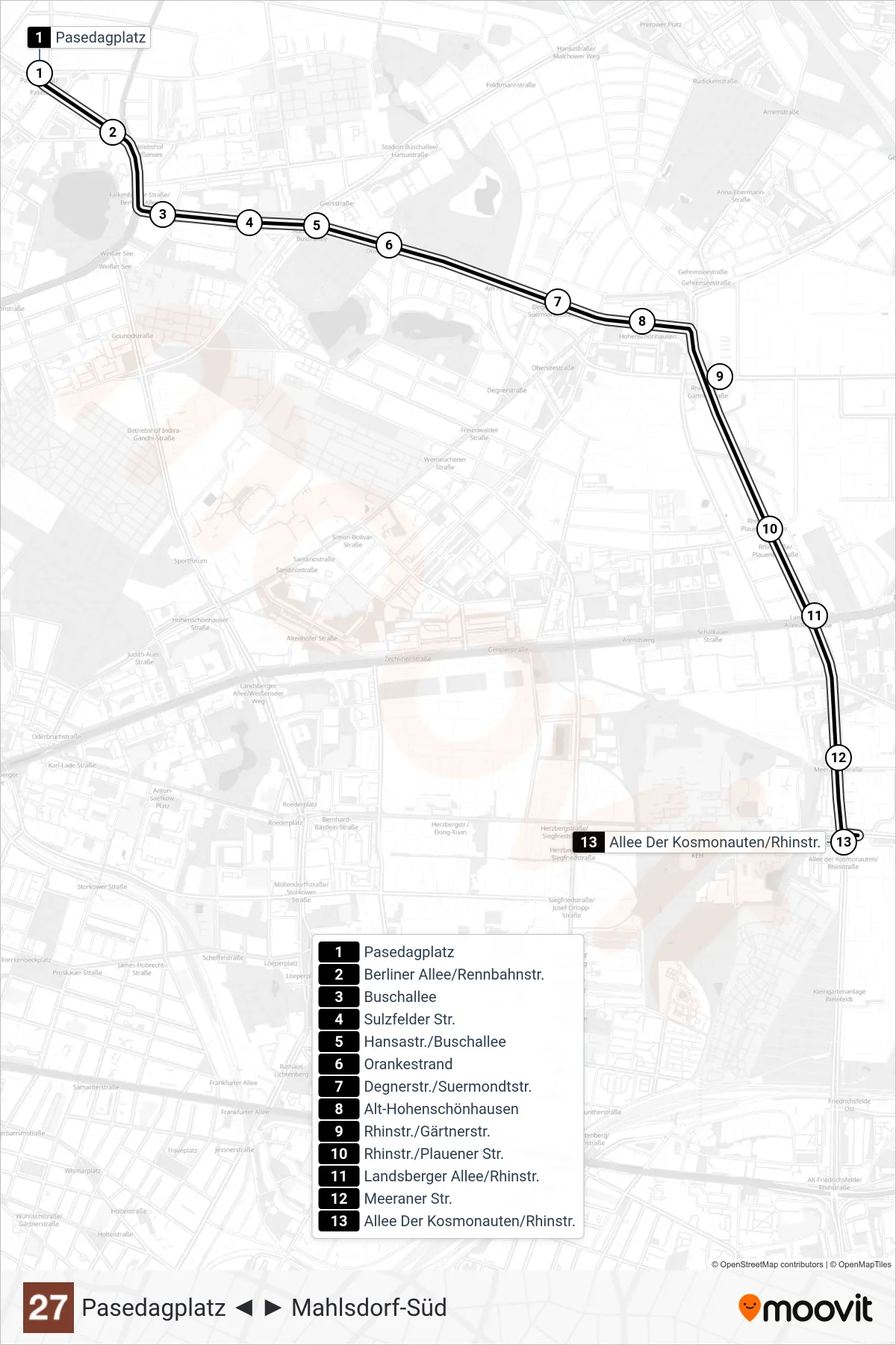 Linie 27 (Straßenbahn) Richtung Allee Der Kosmonauten/Rhinstr.: Route und Haltestellen auf der Karte
