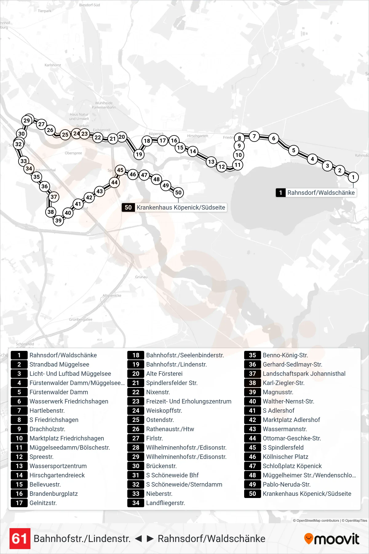 Linie 61 (Straßenbahn) Richtung Krankenhaus Köpenick/Südseite: Route und Haltestellen auf der Karte