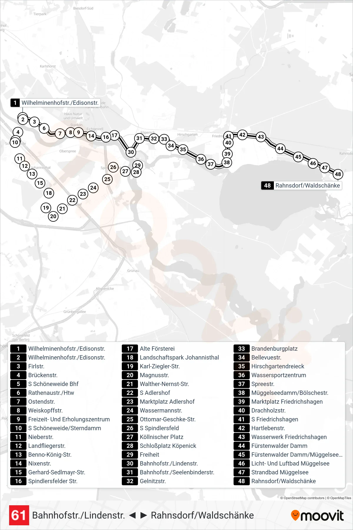 Linie 61 (Straßenbahn) Richtung Rahnsdorf/Waldschänke: Route und Haltestellen auf der Karte