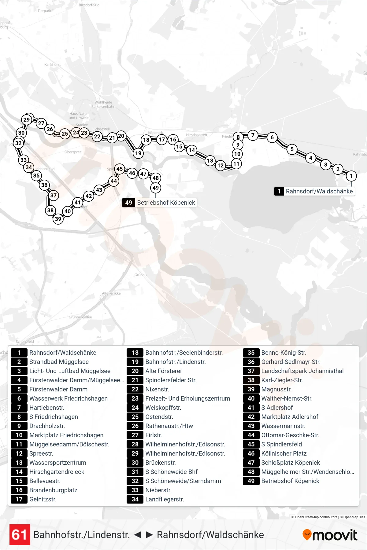 Linie 61 (Straßenbahn) Richtung Betriebshof Köpenick: Route und Haltestellen auf der Karte