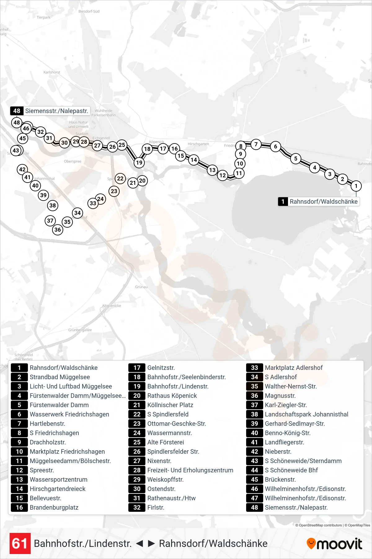 Linie 61 (Straßenbahn) Richtung Siemensstr./Nalepastr.: Route und Haltestellen auf der Karte