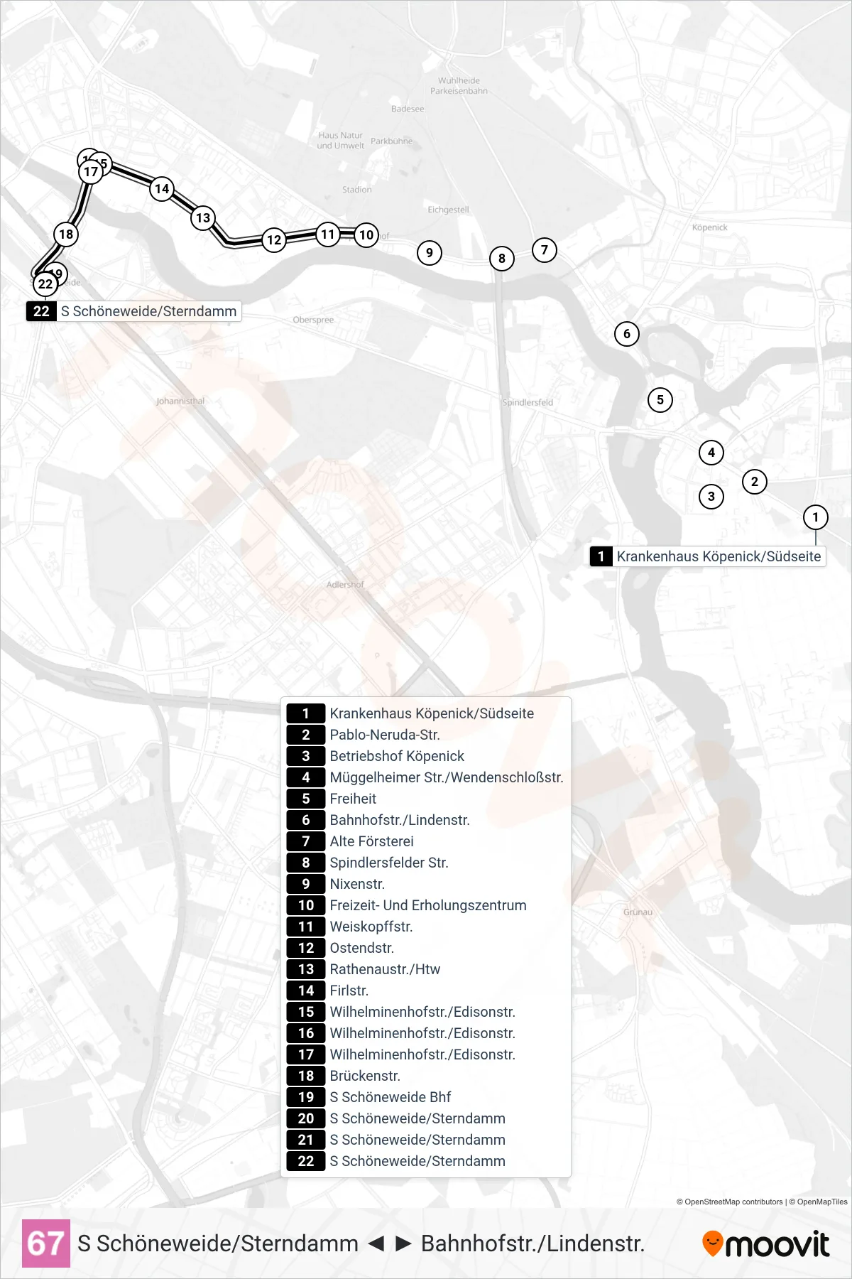 Linie 67 (Tram) Richtung S Schöneweide/Sterndamm: Route und Haltestellen auf der Karte