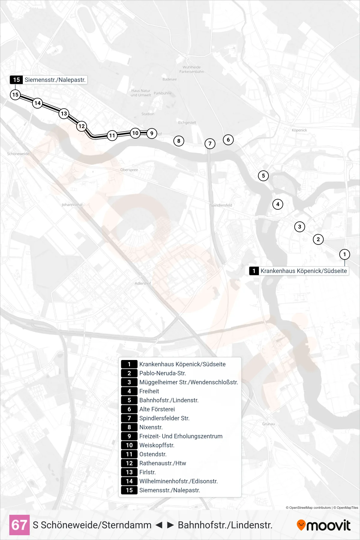 Linie 67 (Straßenbahn) Richtung Siemensstr./Nalepastr.: Route und Haltestellen auf der Karte