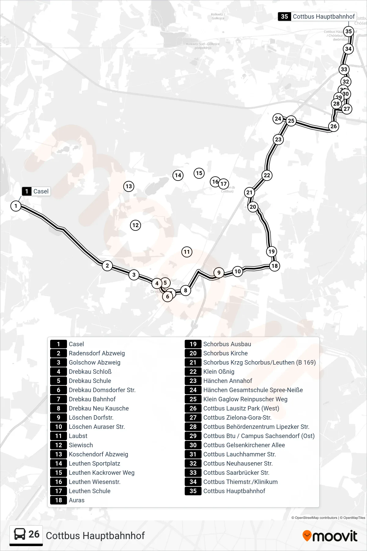 Linie 26 (Bus) Richtung Cottbus Hauptbahnhof: Route und Haltestellen auf der Karte