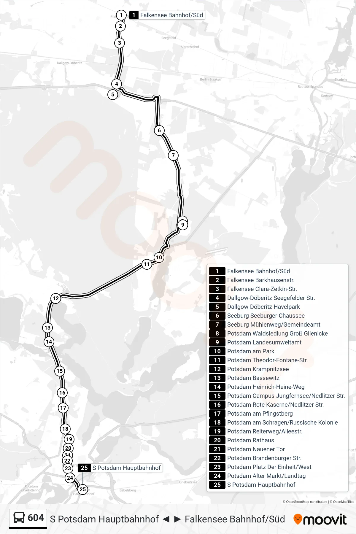 Linie 604 (Bus) Richtung S Potsdam Hauptbahnhof: Route und Haltestellen auf der Karte