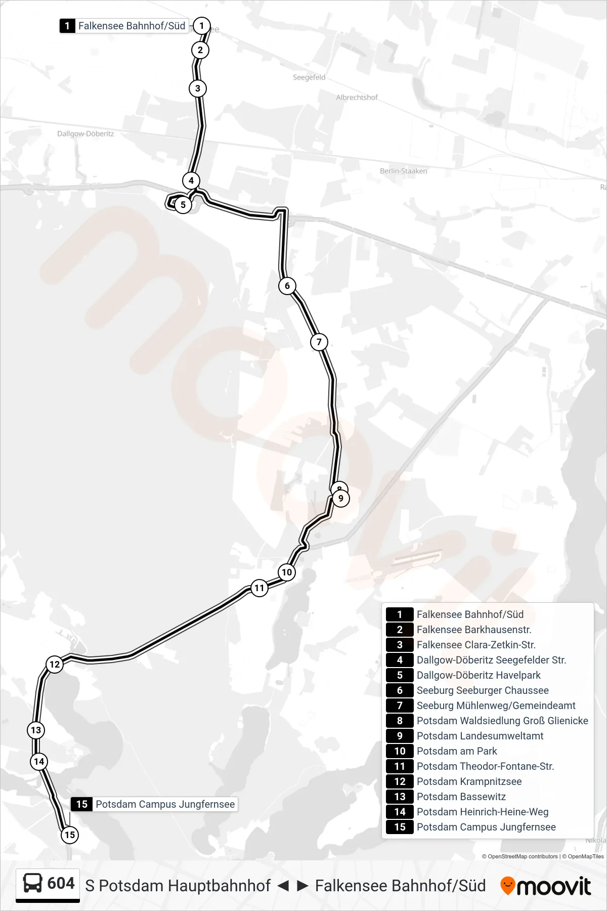 Linie 604 (Bus) Richtung Potsdam Campus Jungfernsee: Route und Haltestellen auf der Karte