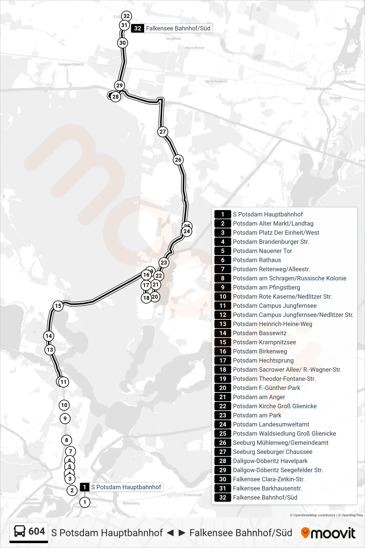 Linie 604 (Bus) Richtung Falkensee Bahnhof/Süd: Route und Haltestellen auf der Karte
