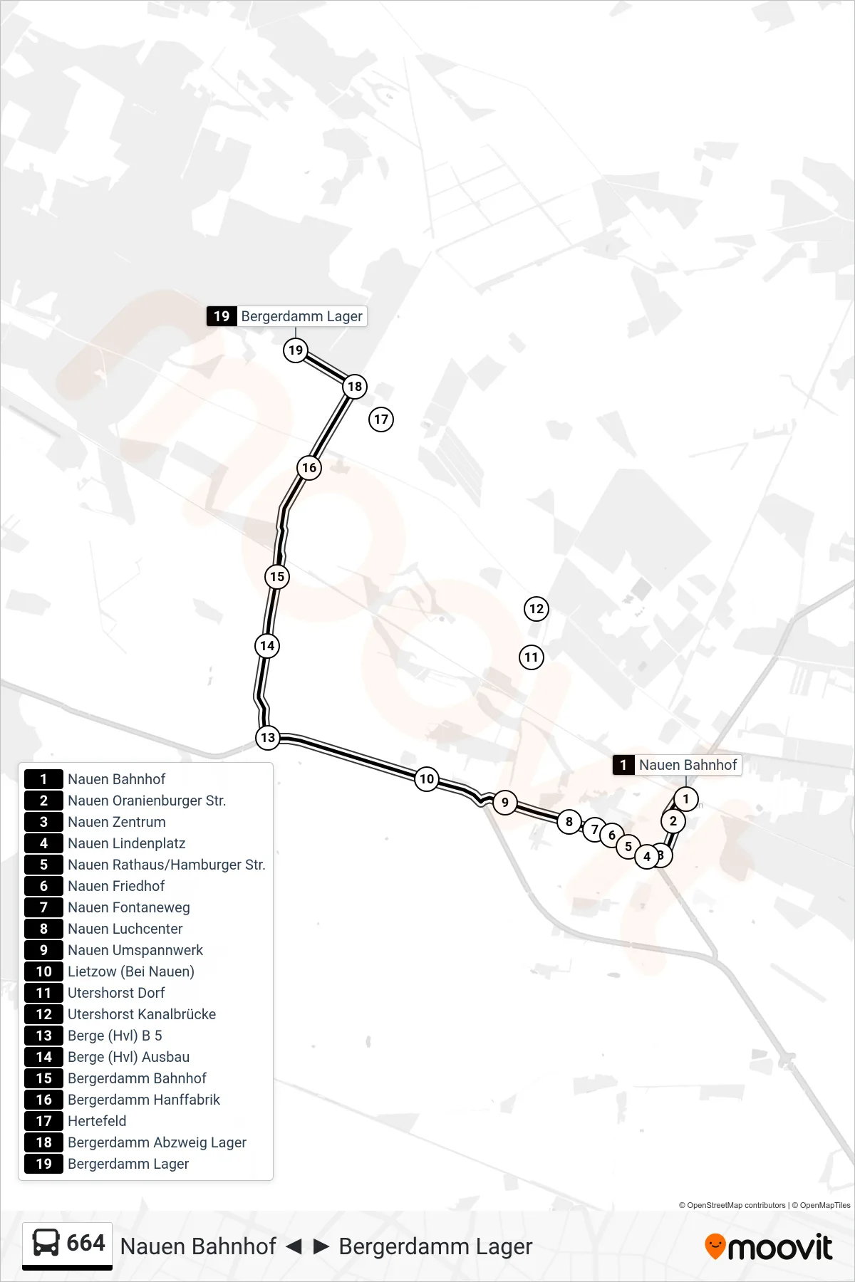 Linie 664 (Bus) Richtung Bergerdamm Lager: Route und Haltestellen auf der Karte