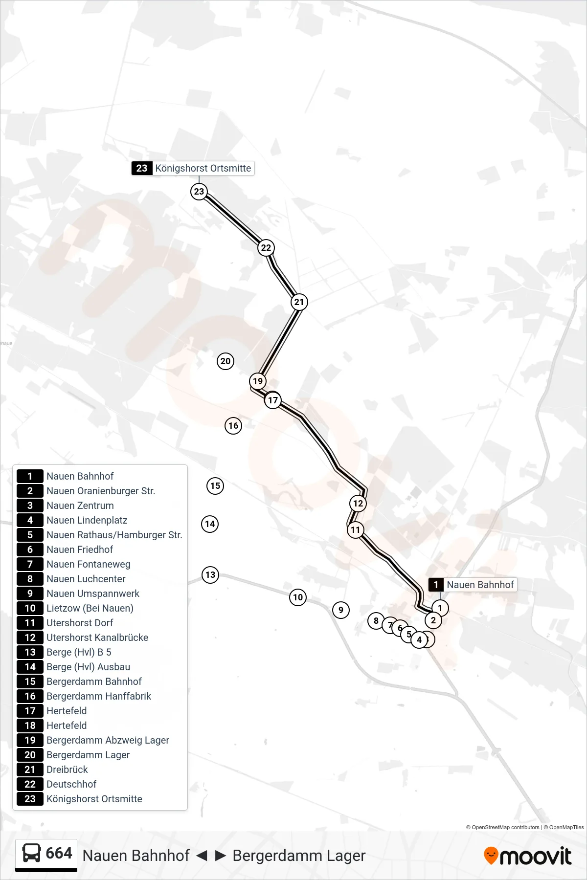 Linie 664 (Bus) Richtung Königshorst Ortsmitte: Route und Haltestellen auf der Karte