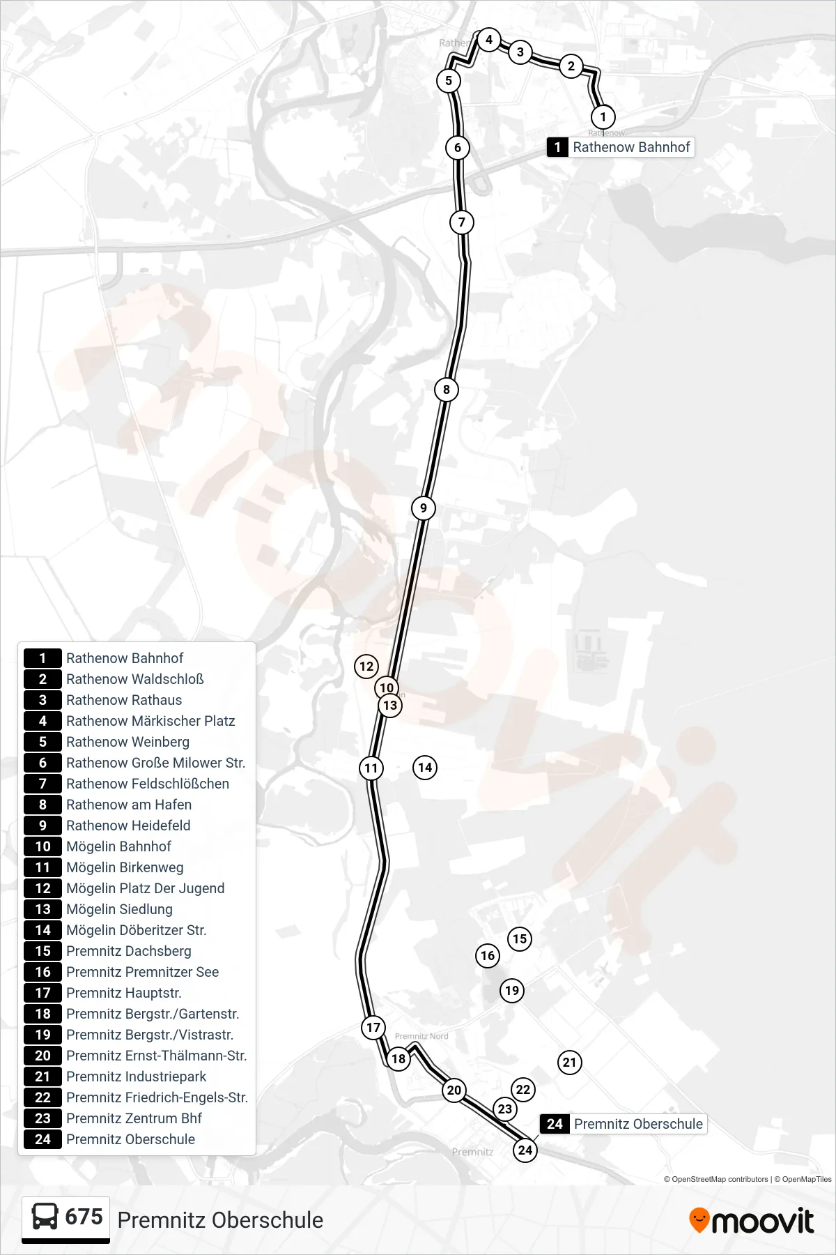 675 bus Line (Premnitz Oberschule) route and stops on a map
