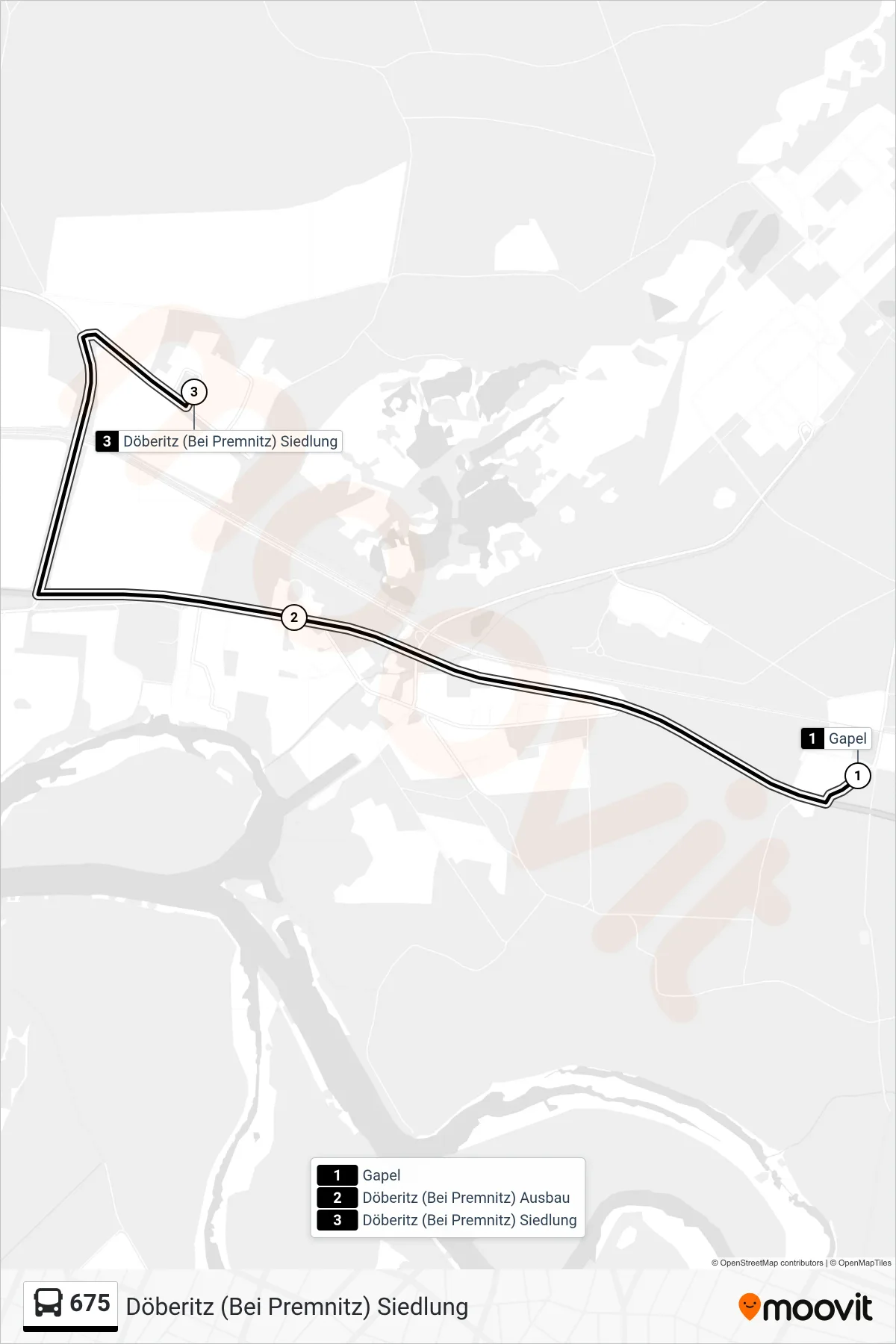 Linie 675 (Bus) Richtung Döberitz (Bei Premnitz) Siedlung: Route und Haltestellen auf der Karte