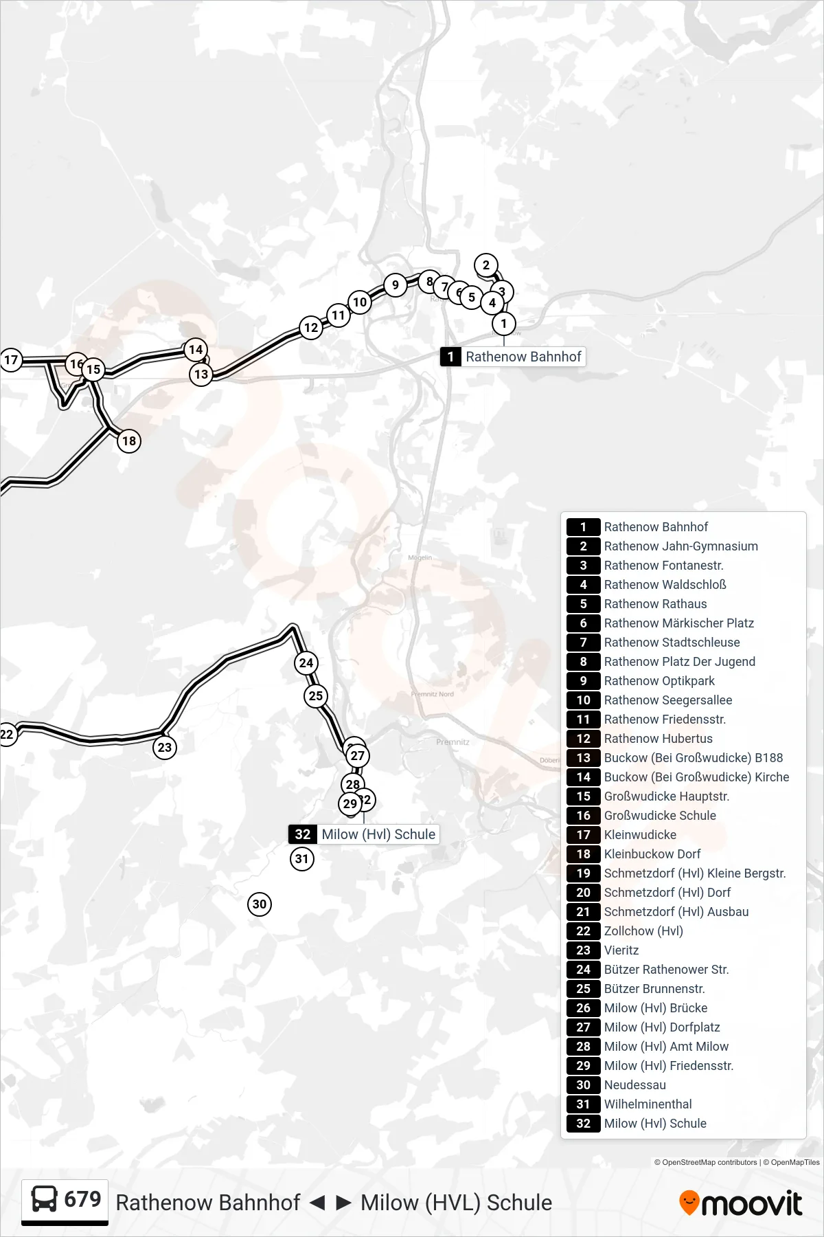 679 bus Line (Milow (Hvl) Schule) route and stops on a map